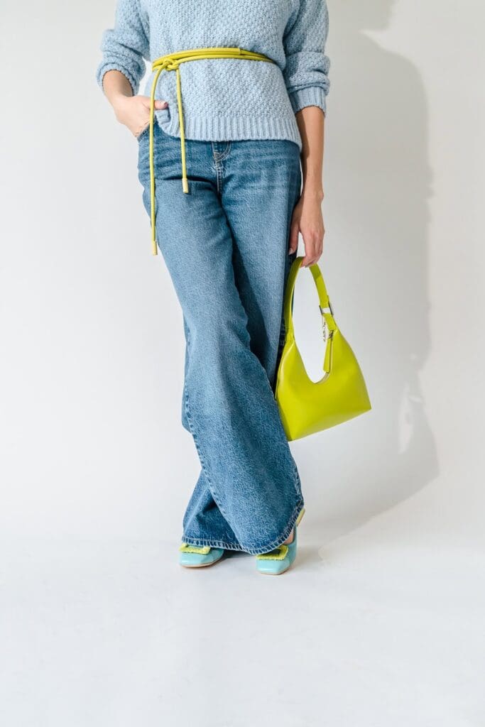 Bold coloured shoes and accessories for a brand photoshoot outfit